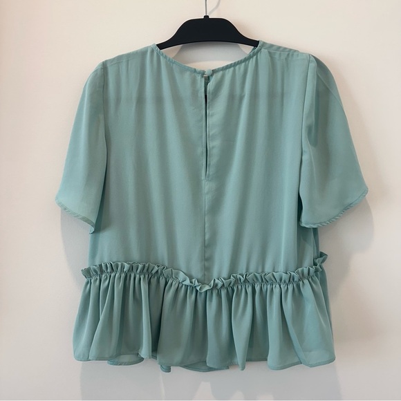 ASOS DESIGN smock top asymmetric ruffle hem sage green blue office career casual - Picture 8 of 12
